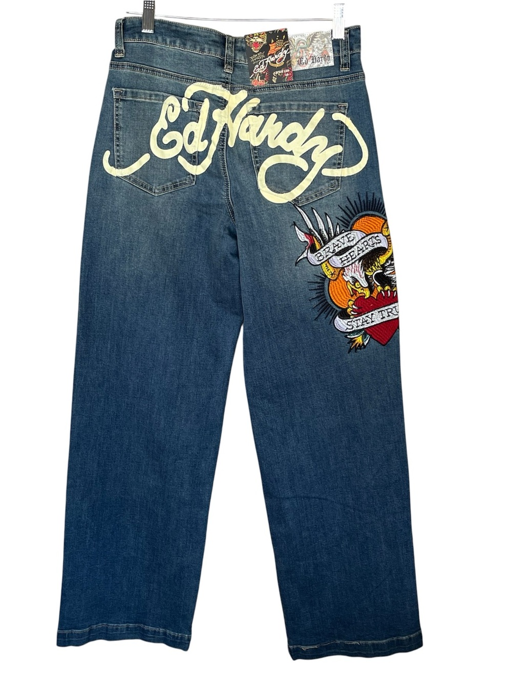 Ed Hardy Brave Eagle Wide Leg Jeans Size 28 Y2K Tattoo Embroidered Denim NWT
